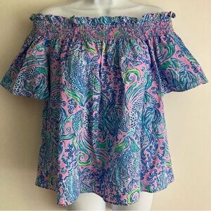 Lilly Pulitzer 100% Linen Leanne Colorful Off The Shoulder Blouse Top, Sz L